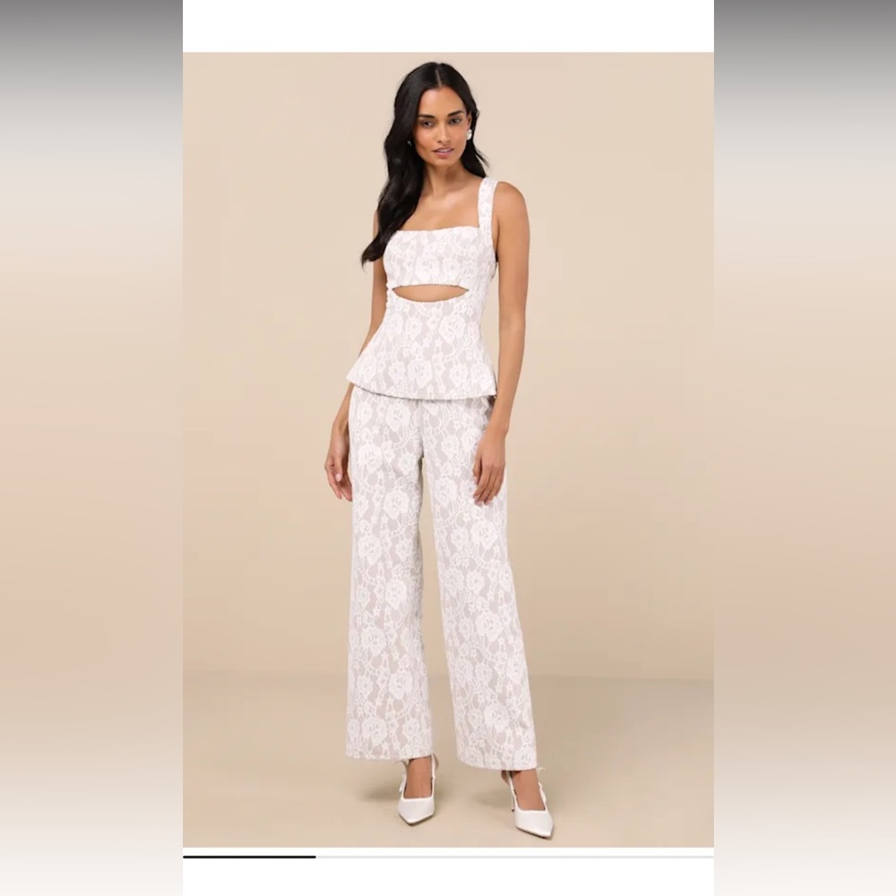 Ellis White and Beige Lace Cutout Sleeveless Jumpsuit